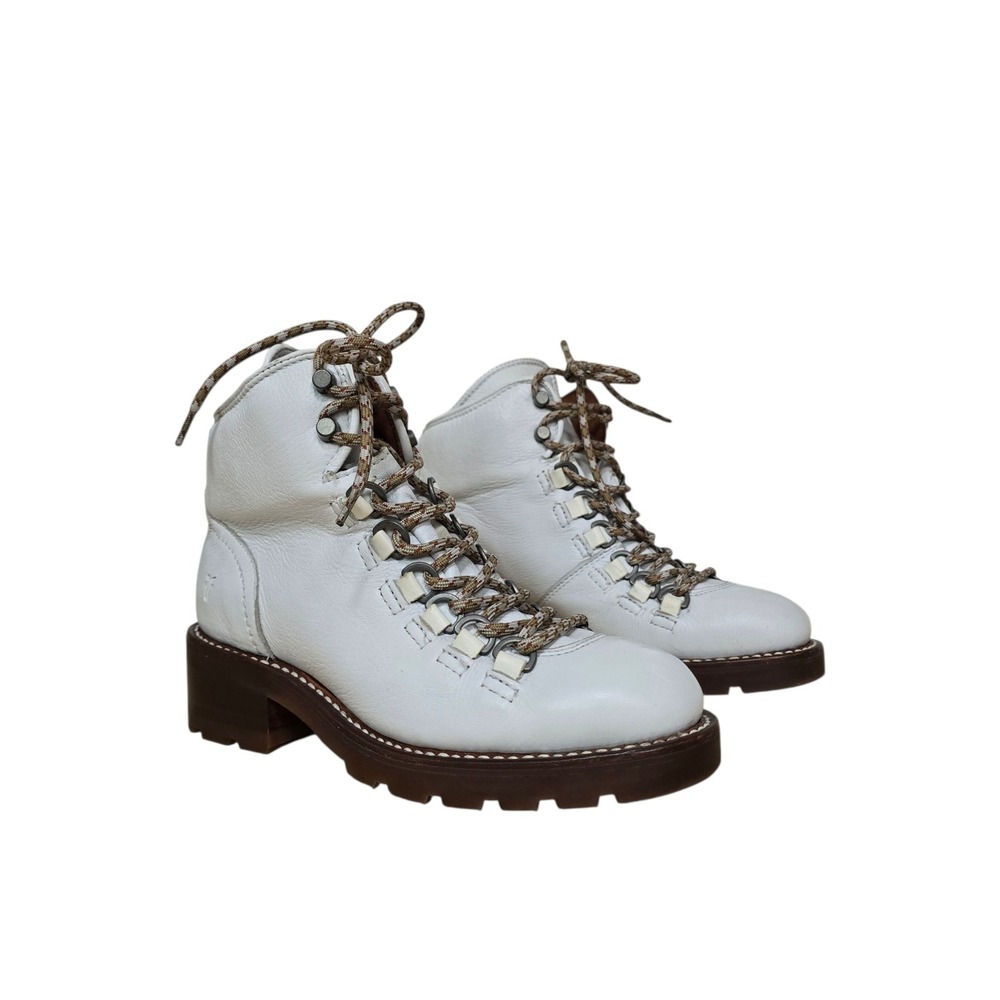 Frye Samantha Hiker White Leather Lace Up Lug Sole Boots 3470095-WHT Womens 5.5B